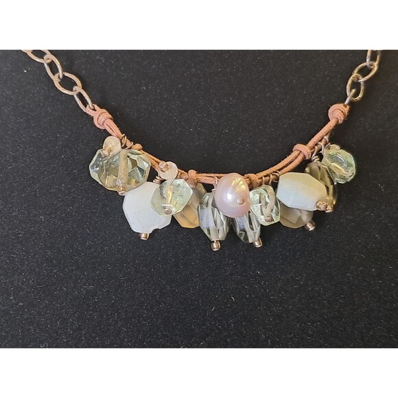 Peyote Bird Green Gray Silver Gemstone Bead Mix Wax Cord Chain Necklace 17" NWT - Picture 2 of 10